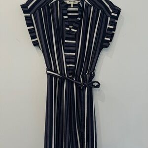 Monteau Navy and White Vertical Stripe Midi Dress with Tie Waist